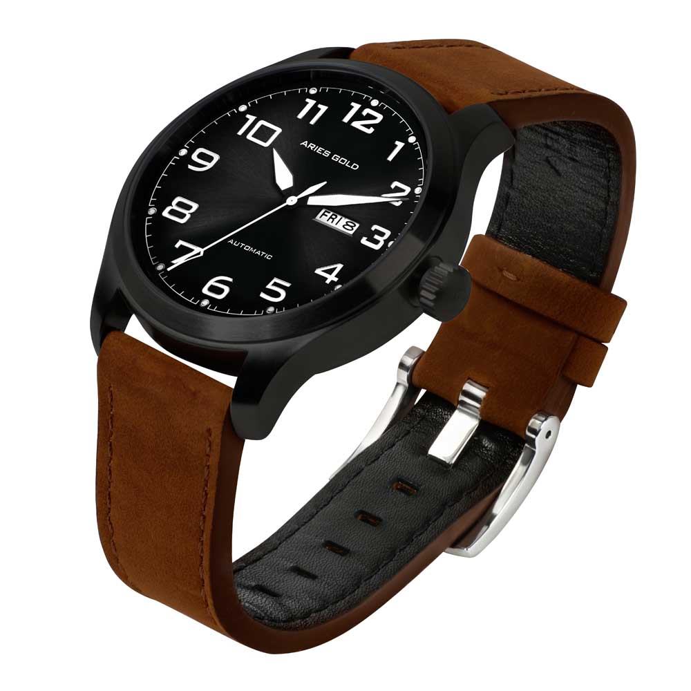 ARIES GOLD AUTOMATIC ESCALATE BLACK STAINLESS STEEL G 9017 BK-BK BROWN LEATHER STRAP MEN'S WATCH - H2 Hub Watches