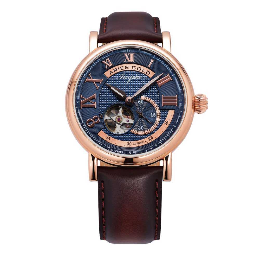 ARIES GOLD AUTOMATIC INSPIRE GAUNTLET VINTAGE ROSE GOLD STAINLESS STEEL G 903 RG-BU BROWN LEATHER STRAP MEN'S WATCH - H2 Hub Watches