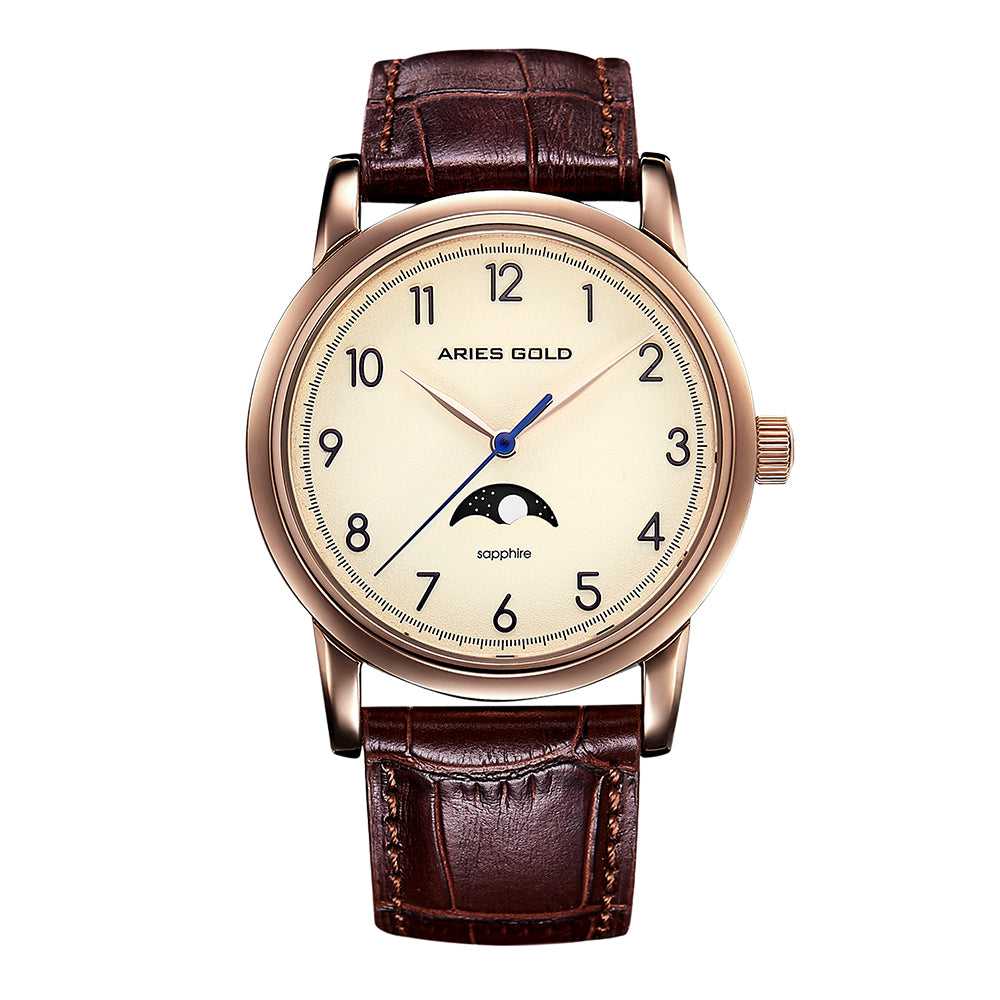 ARIES GOLD URBAN ROSE GOLD STAINLESS STEEL ETIENNE G 1003 RG-BEI BROWN LEATHER STRAP MEN'S WATCH - H2 Hub Watches