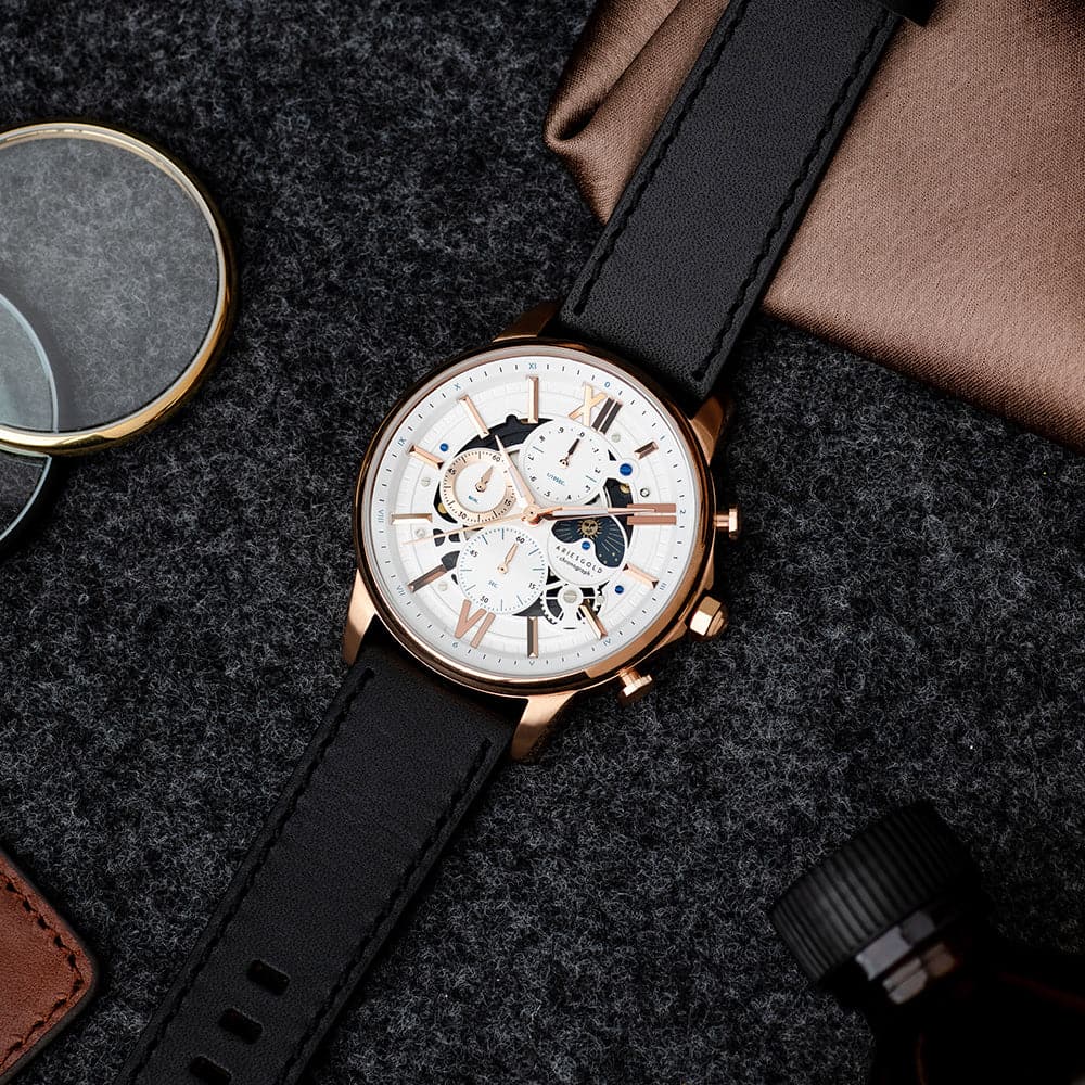 ARIES GOLD BELFAST MOON G 7013 RG-W LEATHER MEN'S WATCH - H2 Hub Watches