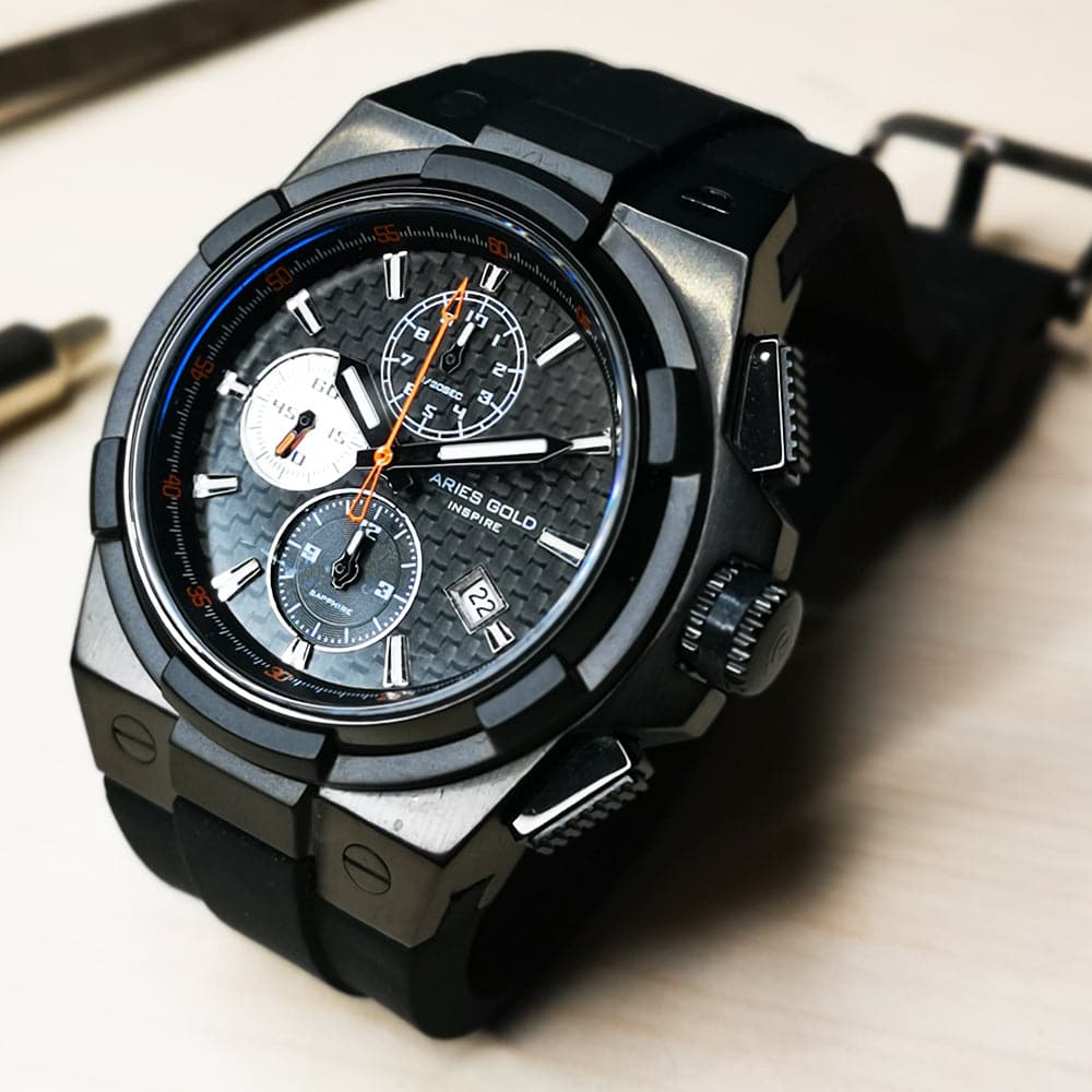 ARIES GOLD MONARCH BLACK STAINLESS STEEL G 7312 BK-BKOR HI-TECH BLACK SYNTHETIC STRAP MEN'S WATCH - H2 Hub Watches