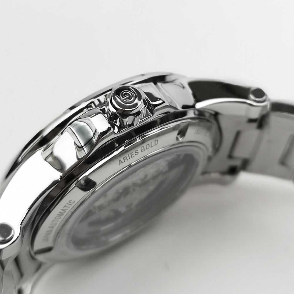 ARIES GOLD AUTOMATIC INFINUM FORZA SILVER STAINLESS STEEL G 9001 S-BU MEN'S WATCH - H2 Hub Watches
