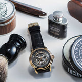 ARIES GOLD AUTOMATIC INFINUM EL TORO GOLD STAINLESS STEEL G 9005 G-BK BLACK LEATHER STRAP MEN'S WATCH - H2 Hub Watches