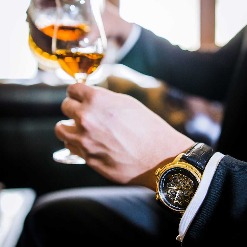 ARIES GOLD AUTOMATIC INFINUM EL TORO GOLD STAINLESS STEEL G 9005 G-BK BLACK LEATHER STRAP MEN'S WATCH - H2 Hub Watches