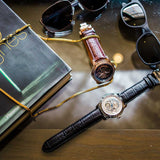 ARIES GOLD AUTOMATIC INFINUM EL TORO GOLD STAINLESS STEEL G 9005 G-BK BLACK LEATHER STRAP MEN'S WATCH - H2 Hub Watches