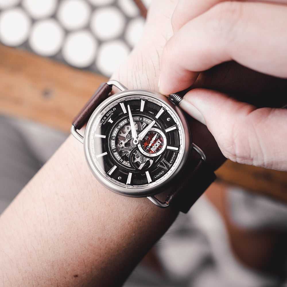 ARIES GOLD AUTOMATIC ROCKY LIMITED EDITION INVINCIBLE SILVER STAINLESS STEEL G 9013 S-BK LEATHER STRAP MEN'S WATCH - H2 Hub Watches