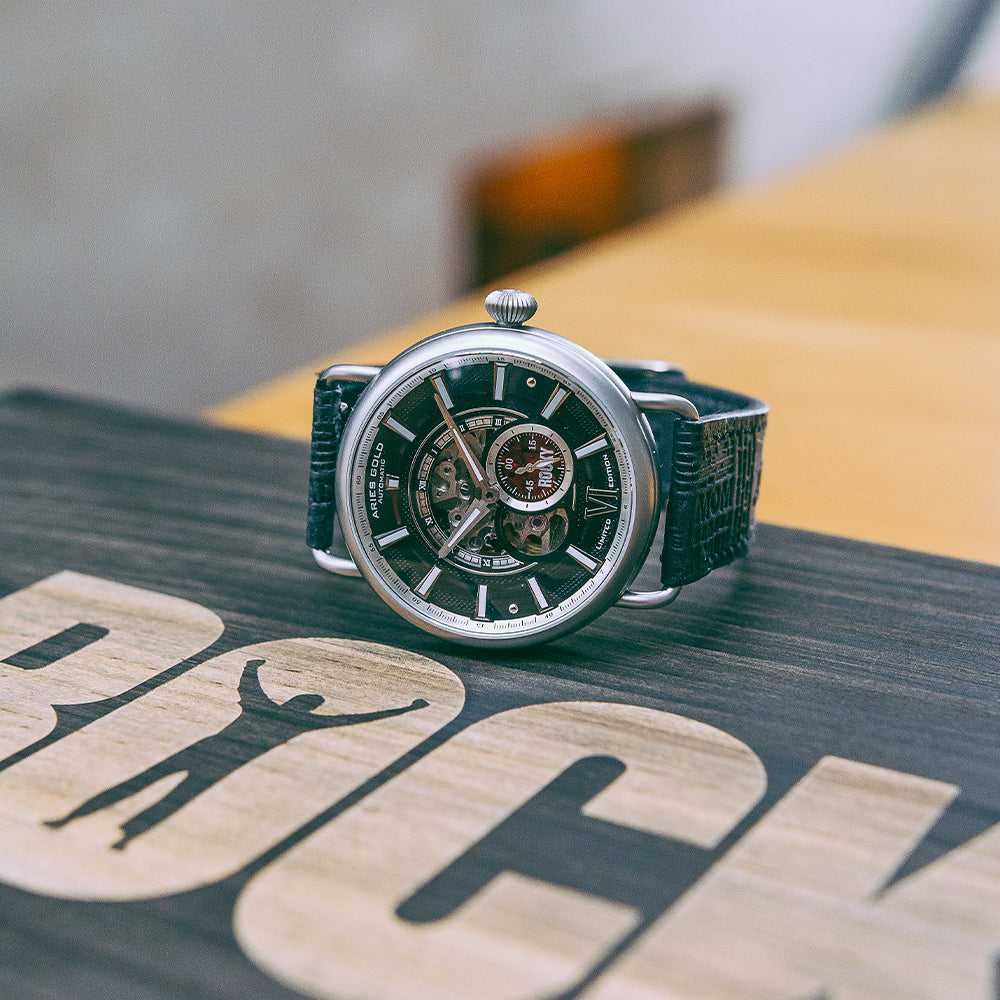 ARIES GOLD AUTOMATIC ROCKY LIMITED EDITION INVINCIBLE SILVER STAINLESS STEEL G 9013 S-BK LEATHER STRAP MEN'S WATCH - H2 Hub Watches