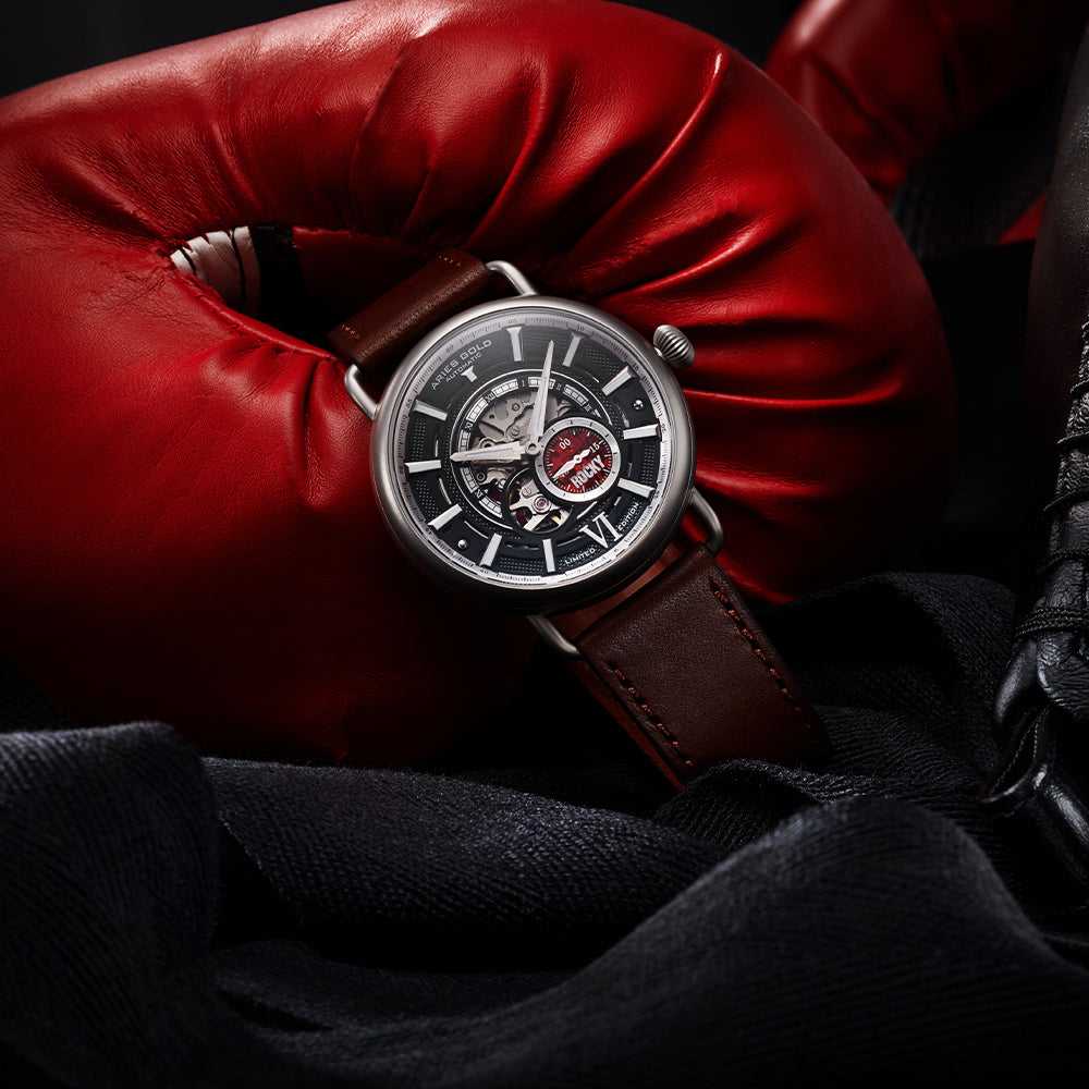 ARIES GOLD AUTOMATIC ROCKY LIMITED EDITION INVINCIBLE SILVER STAINLESS STEEL G 9013 S-BK LEATHER STRAP MEN'S WATCH - H2 Hub Watches
