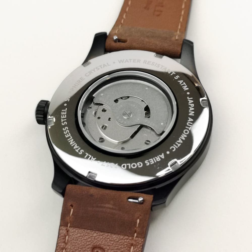 ARIES GOLD AUTOMATIC ESCALATE BLACK STAINLESS STEEL G 9017 BK-BK BROWN LEATHER STRAP MEN'S WATCH - H2 Hub Watches