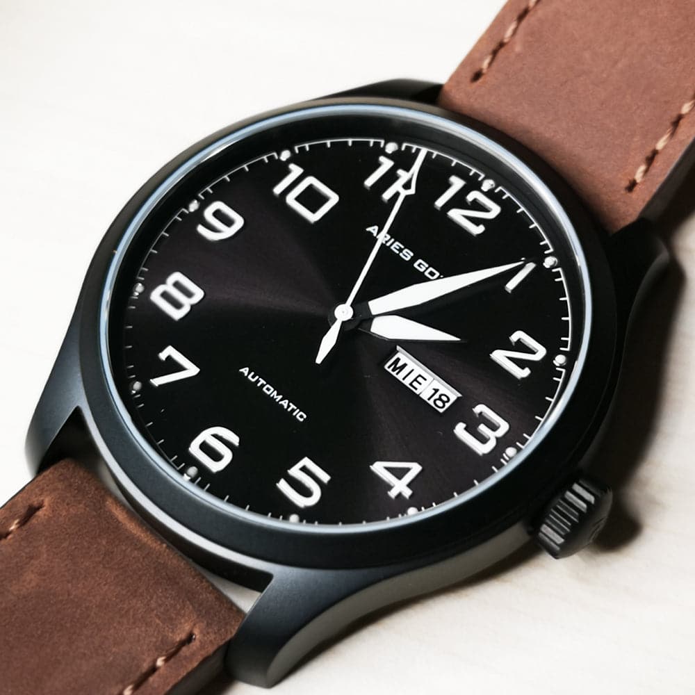 ARIES GOLD AUTOMATIC ESCALATE BLACK STAINLESS STEEL G 9017 BK-BK BROWN LEATHER STRAP MEN'S WATCH - H2 Hub Watches