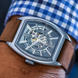 ARIES GOLD AUTOMATIC INFINUM CRUISER SILVER STAINLESS STEEL G 9018 S-GY BROWN LEATHER STRAP MEN'S WATCH - H2 Hub Watches