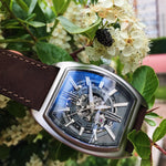 ARIES GOLD AUTOMATIC INFINUM CRUISER SILVER STAINLESS STEEL G 9018 S-GY BROWN LEATHER STRAP MEN'S WATCH - H2 Hub Watches