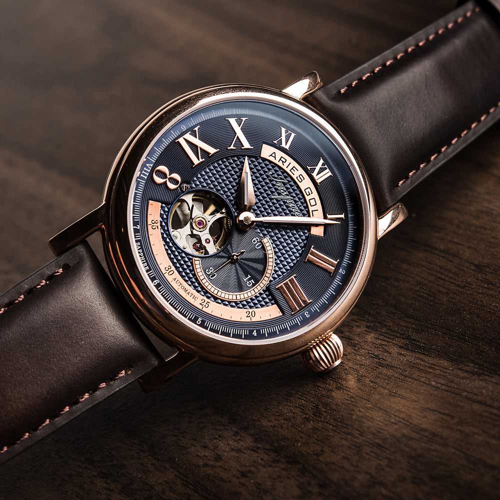 ARIES GOLD AUTOMATIC INSPIRE GAUNTLET VINTAGE ROSE GOLD STAINLESS STEEL G 903 RG-BU BROWN LEATHER STRAP MEN'S WATCH - H2 Hub Watches