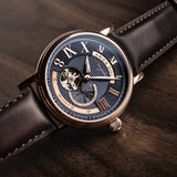 ARIES GOLD AUTOMATIC INSPIRE GAUNTLET VINTAGE ROSE GOLD STAINLESS STEEL G 903 RG-BU BROWN LEATHER STRAP MEN'S WATCH - H2 Hub Watches