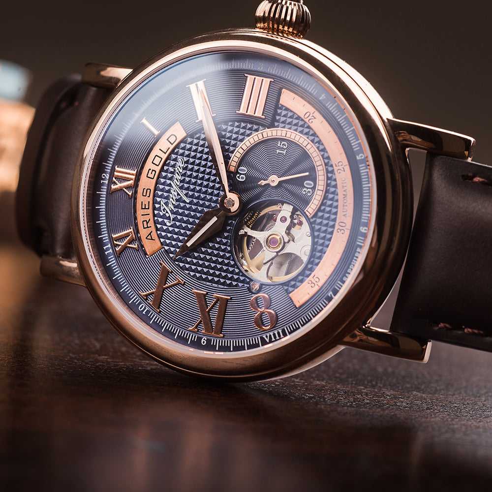 ARIES GOLD AUTOMATIC INSPIRE GAUNTLET VINTAGE ROSE GOLD STAINLESS STEEL G 903 RG-BU BROWN LEATHER STRAP MEN'S WATCH - H2 Hub Watches