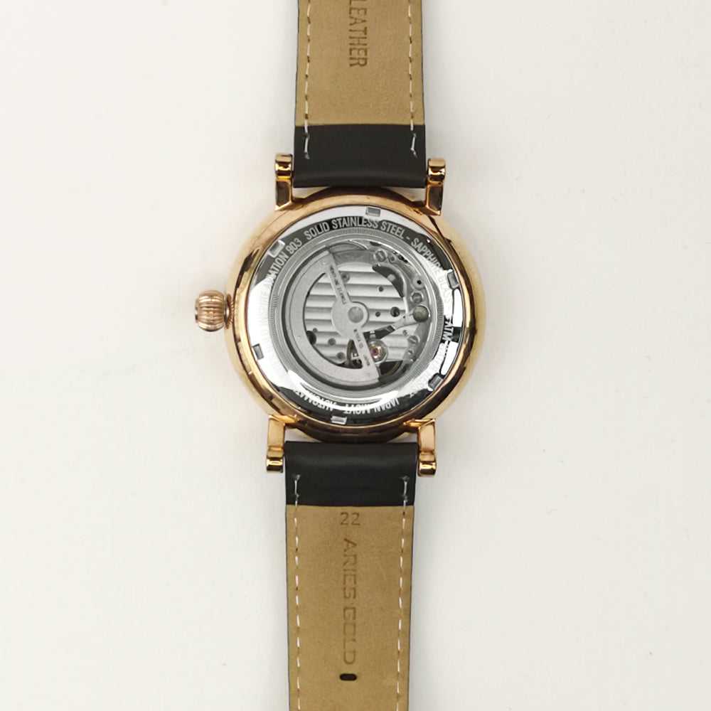 ARIES GOLD AUTOMATIC INSPIRE GAUNTLET VINTAGE ROSE GOLD STAINLESS STEEL G 903 RG-CF BROWN LEATHER STRAP MEN'S WATCH - H2 Hub Watches