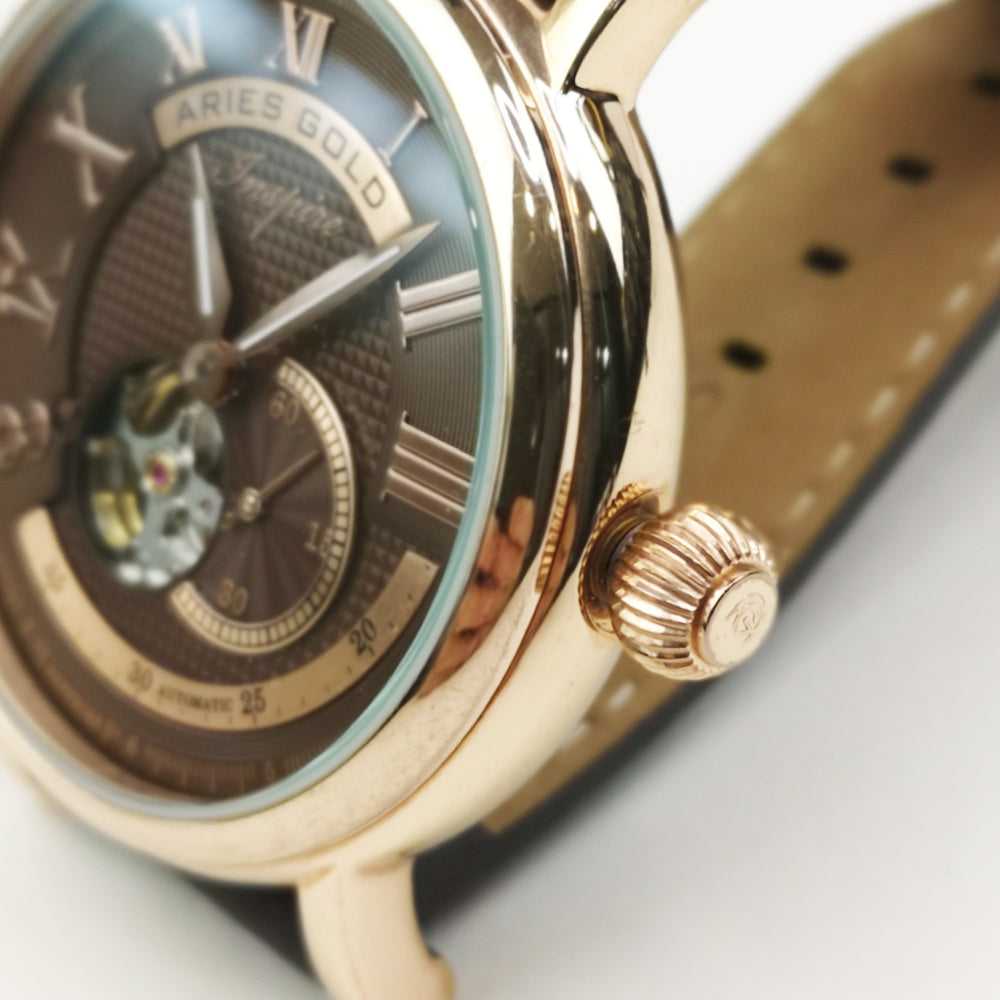 ARIES GOLD AUTOMATIC INSPIRE GAUNTLET VINTAGE ROSE GOLD STAINLESS STEEL G 903 RG-CF BROWN LEATHER STRAP MEN'S WATCH - H2 Hub Watches