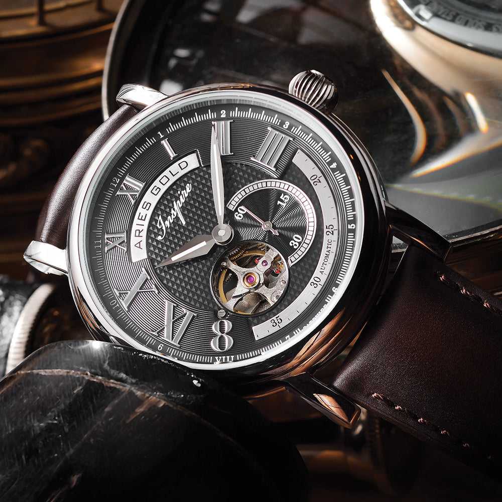 ARIES GOLD AUTOMATIC INSPIRE GAUNTLET VINTAGE ROSE GOLD STAINLESS STEEL G 903 S-BK BROWN LEATHER STRAP MEN'S WATCH - H2 Hub Watches
