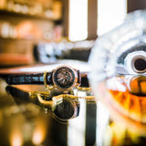 ARIES GOLD AUTOMATIC INFINUM EL TORO GOLD STAINLESS STEEL G 9005 G-BK BLACK LEATHER STRAP MEN'S WATCH - H2 Hub Watches