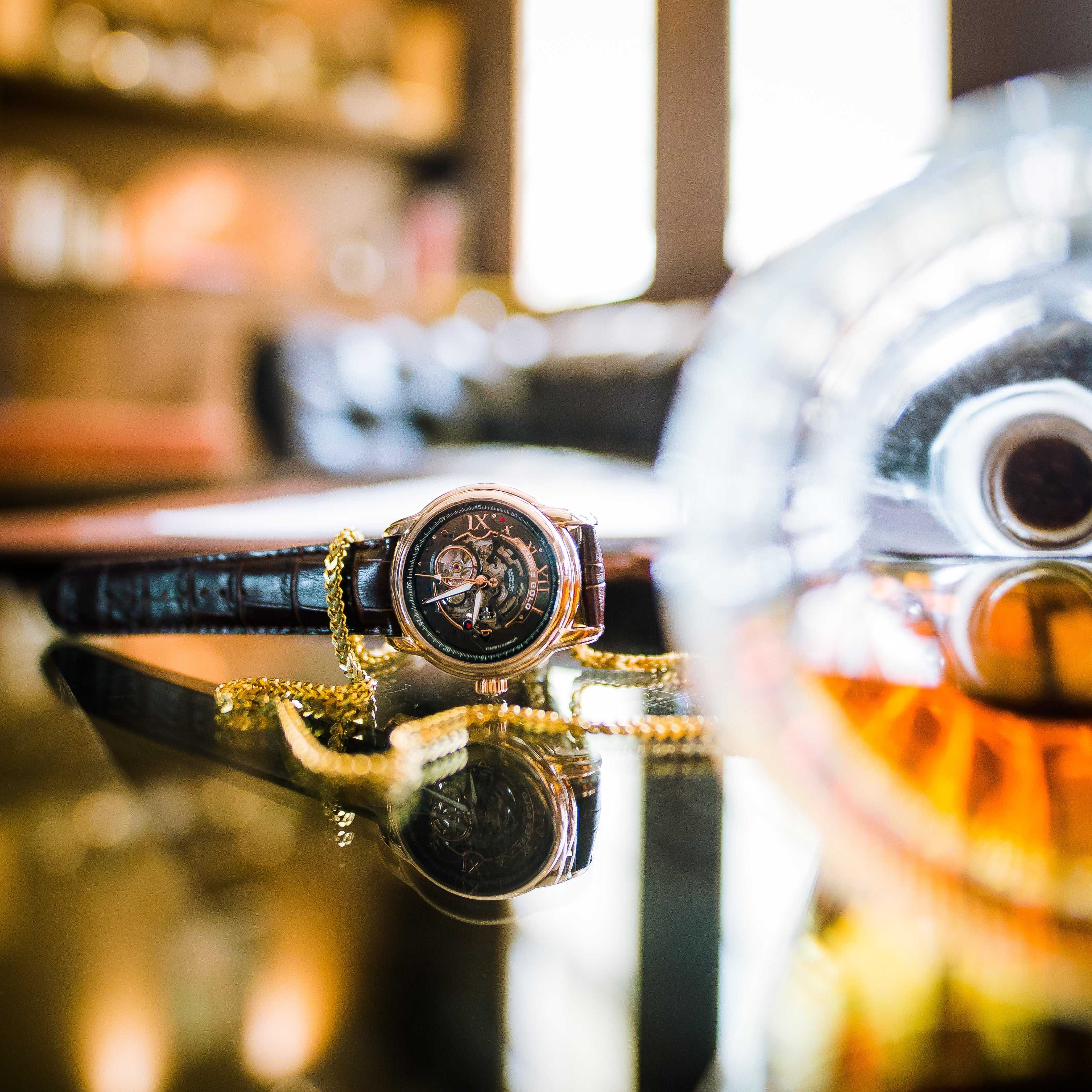 ARIES GOLD AUTOMATIC INFINUM EL TORO GOLD STAINLESS STEEL G 9005 G-BK BLACK LEATHER STRAP MEN'S WATCH - H2 Hub Watches