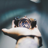 ARIES GOLD AUTOMATIC INSPIRE GAUNTLET VINTAGE ROSE GOLD STAINLESS STEEL G 903 RG-BU BROWN LEATHER STRAP MEN'S WATCH - H2 Hub Watches