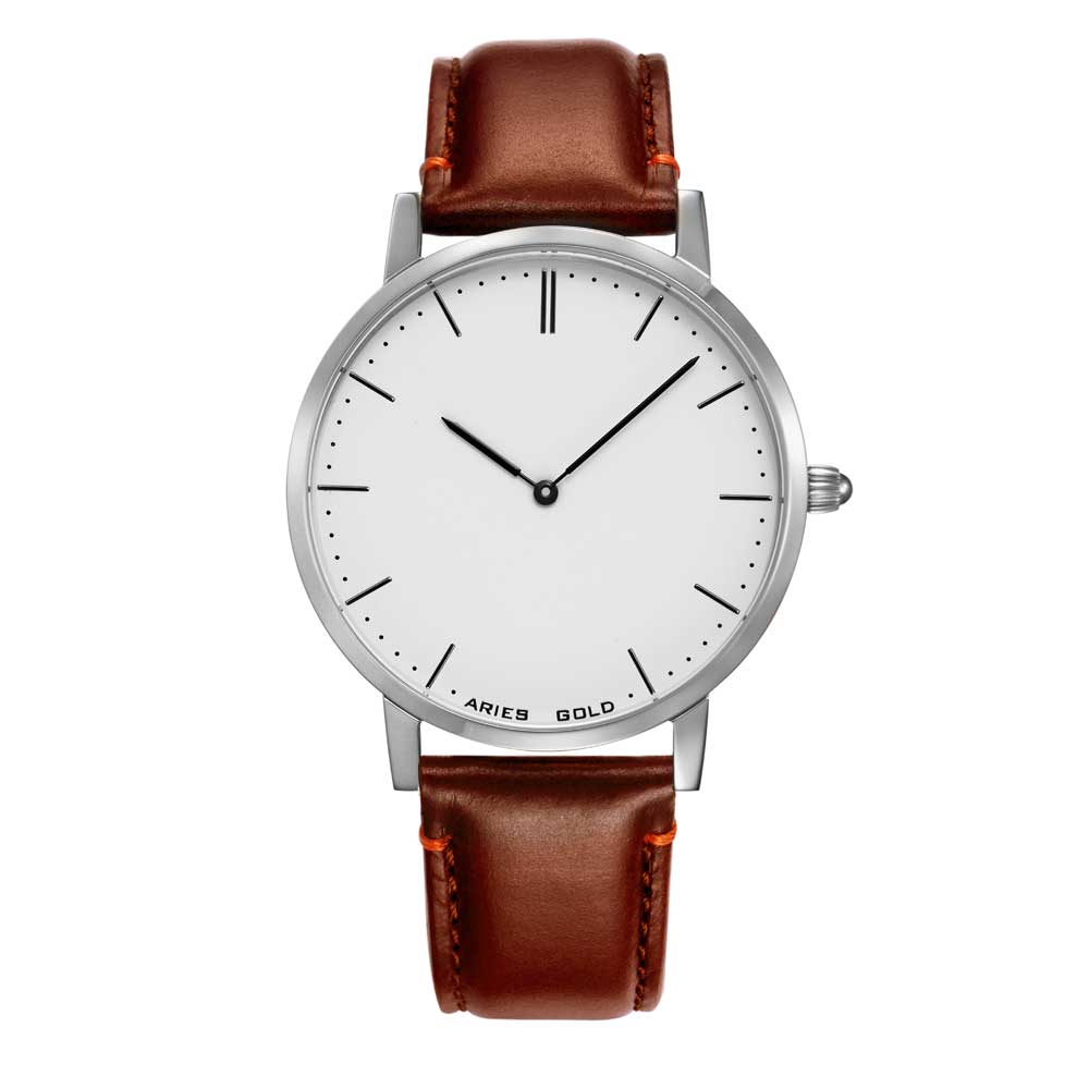 ARIES GOLD URBAN TANGO SILVER STAINLESS STEEL L 1008 S-W BROWN LEATHER STRAP WOMEN'S WATCH - H2 Hub Watches