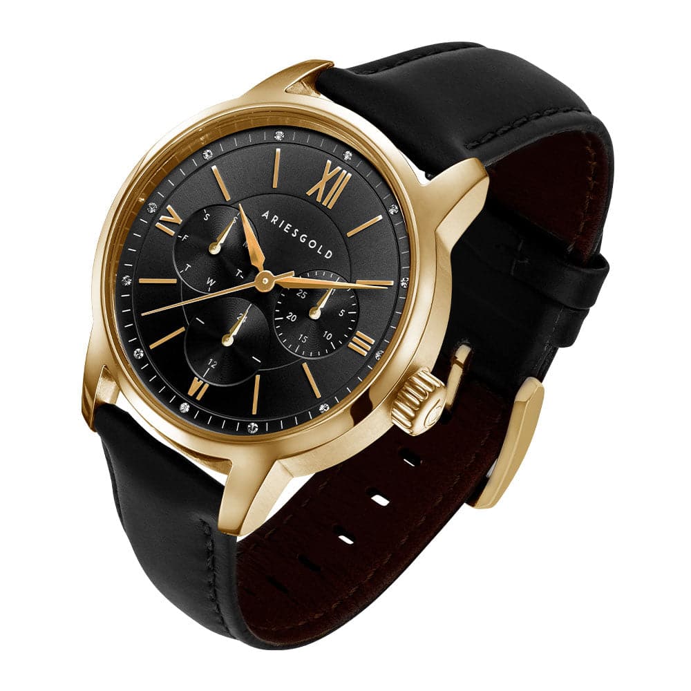 ARIES GOLD URBAN ETERNAL GOLD STAINLESS STEEL L 1028 G-BKG BLACK LEATHER STRAP WOMEN'S WATCH - H2 Hub Watches