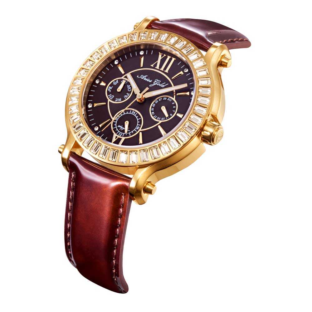 ARIES GOLD ENCHANT ROSA GOLD STAINLESS STEEL L 1159 G-BR BROWN LEATHER STRAP WOMEN'S WATCH - H2 Hub Watches