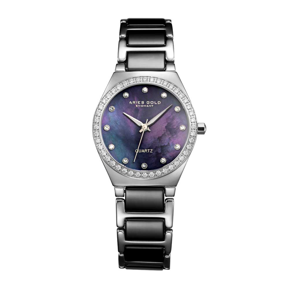 ARIES GOLD ENCHANT SILVER STAINLESS STEEL L 5014Z S-BKMOP BLACK CERAMIC WOMEN'S WATCH - H2 Hub Watches