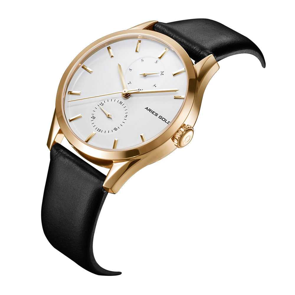 ARIES GOLD ENCHANT LIBERTY GOLD STAINLESS STEEL L 5031 G-W-L BLACK LEATHER STRAP WOMEN'S WATCH - H2 Hub Watches