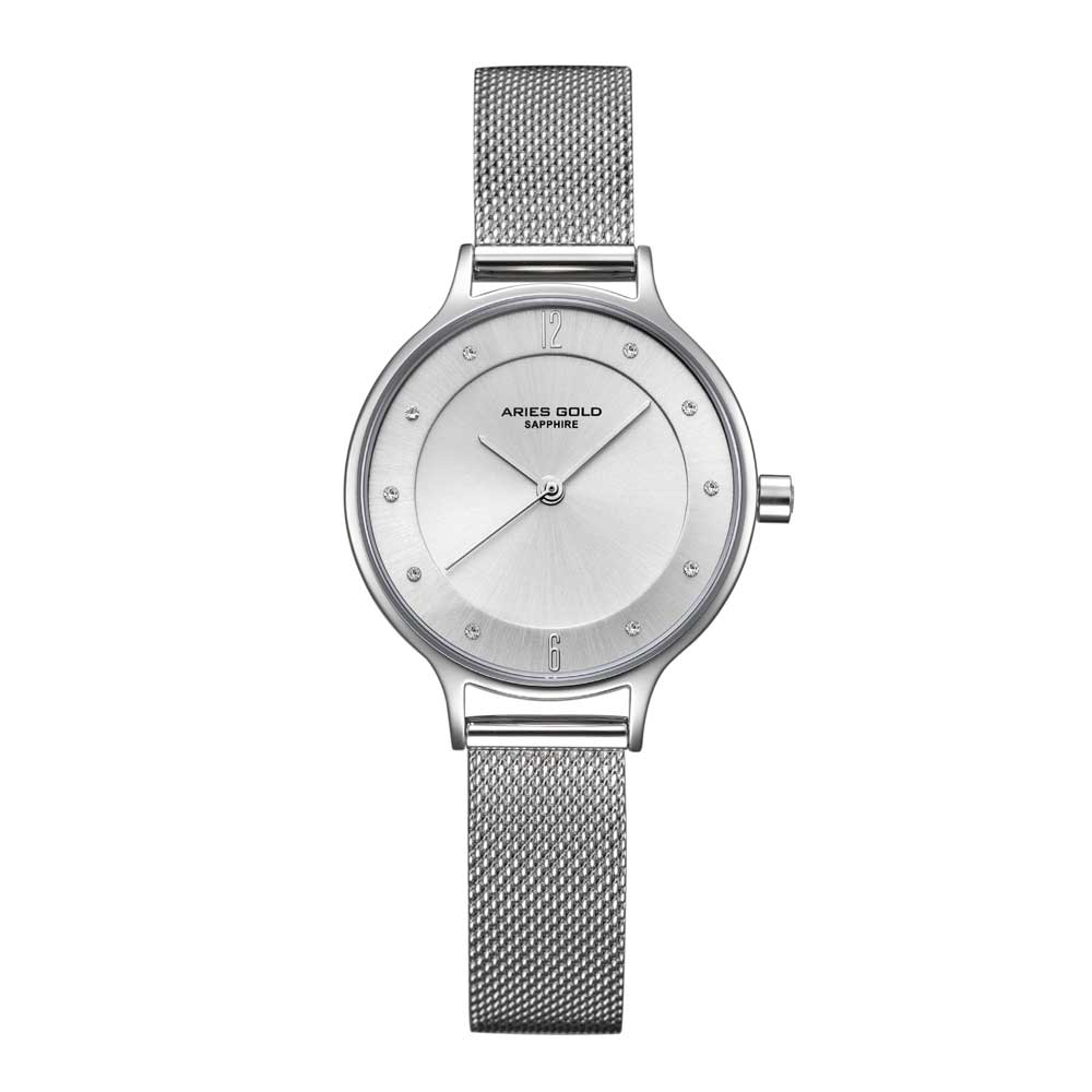 ARIES GOLD ENCHANT SILVER STAINLESS STEEL L 5033Z S-W MESH STRAP WOMEN'S WATCH - H2 Hub Watches