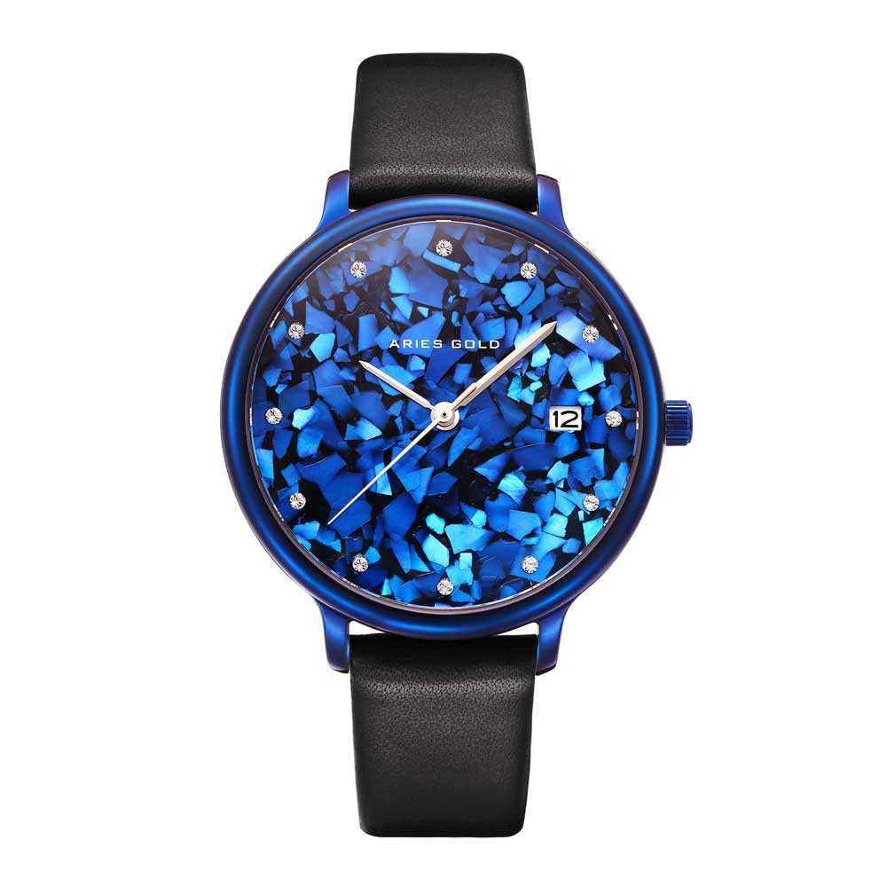 ARIES GOLD ENCHANT FLEUR BLUE L 5035 PUR-TL LEATHER STRAP WOMEN'S WATCH - H2 Hub Watches