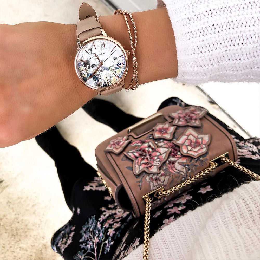 ARIES GOLD ENCHANT FLEUR ROSE GOLD STAINLESS STEEL L 5035 RG-GYFL LEATHER STRAP WOMEN'S WATCH - H2 Hub Watches
