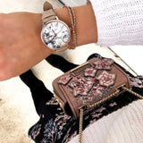 ARIES GOLD ENCHANT FLEUR ROSE GOLD STAINLESS STEEL L 5035 RG-GYFL LEATHER STRAP WOMEN'S WATCH - H2 Hub Watches