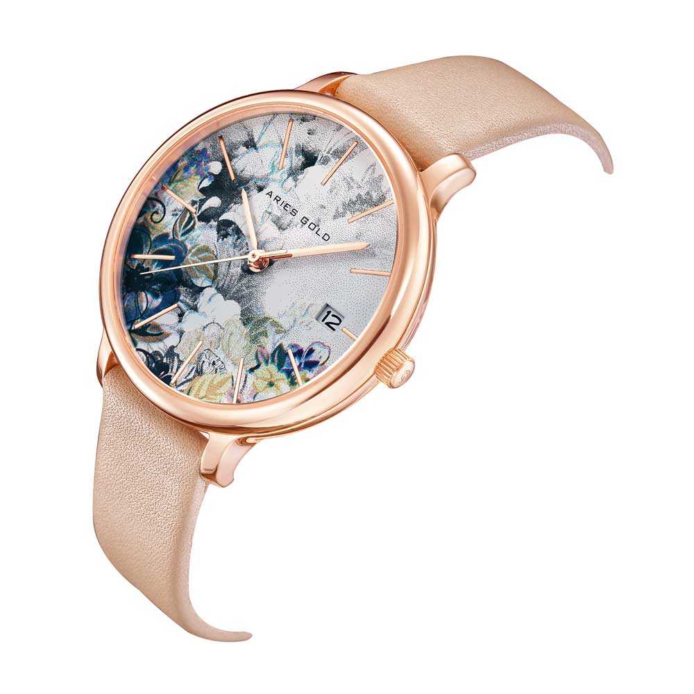 ARIES GOLD ENCHANT FLEUR ROSE GOLD STAINLESS STEEL L 5035 RG-GYFL LEATHER STRAP WOMEN'S WATCH - H2 Hub Watches