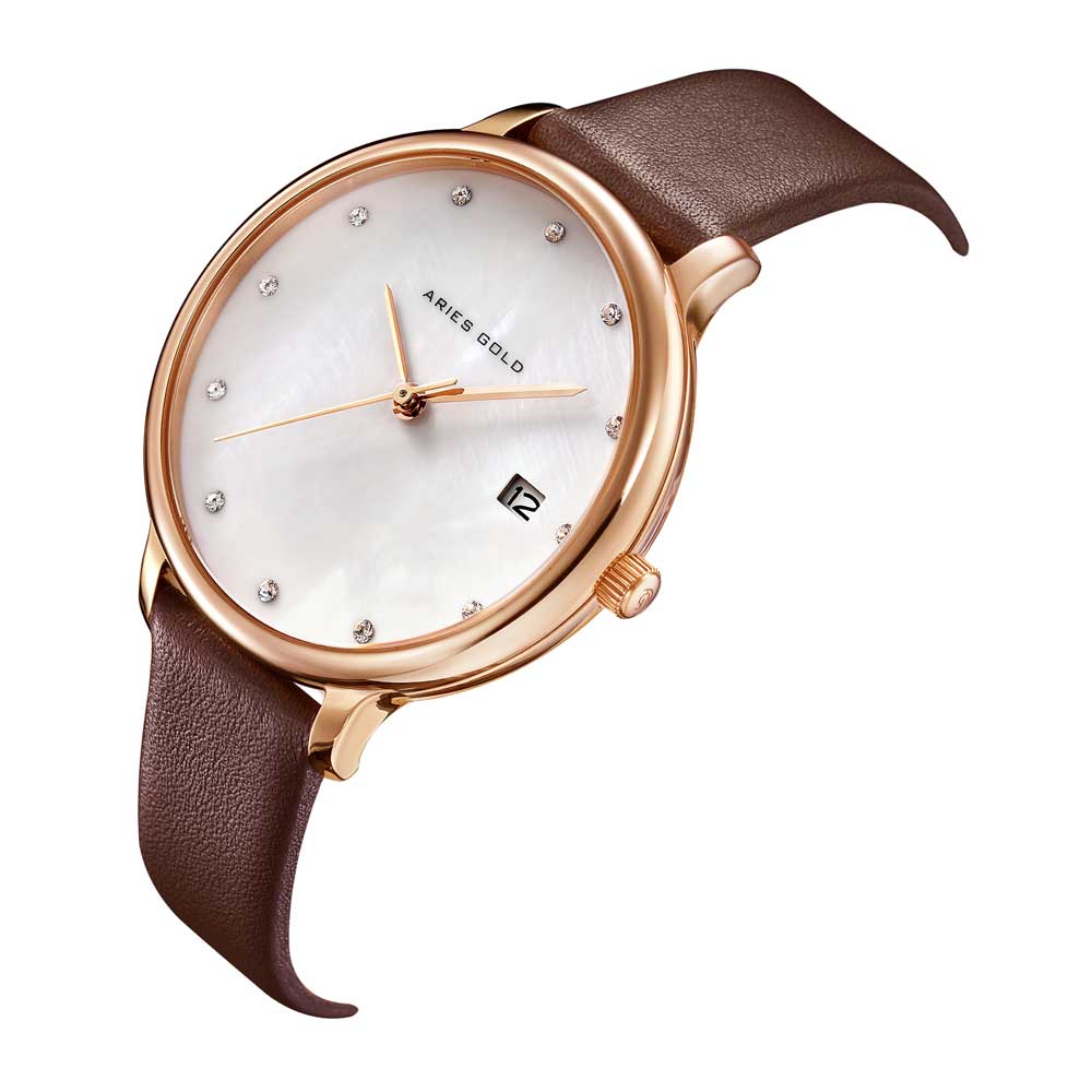 ARIES GOLD ENCHANT FLEUR ROSE GOLD STAINLESS STEEL L 5035 RG-MP LEATHER STRAP WOMEN'S WATCH - H2 Hub Watches