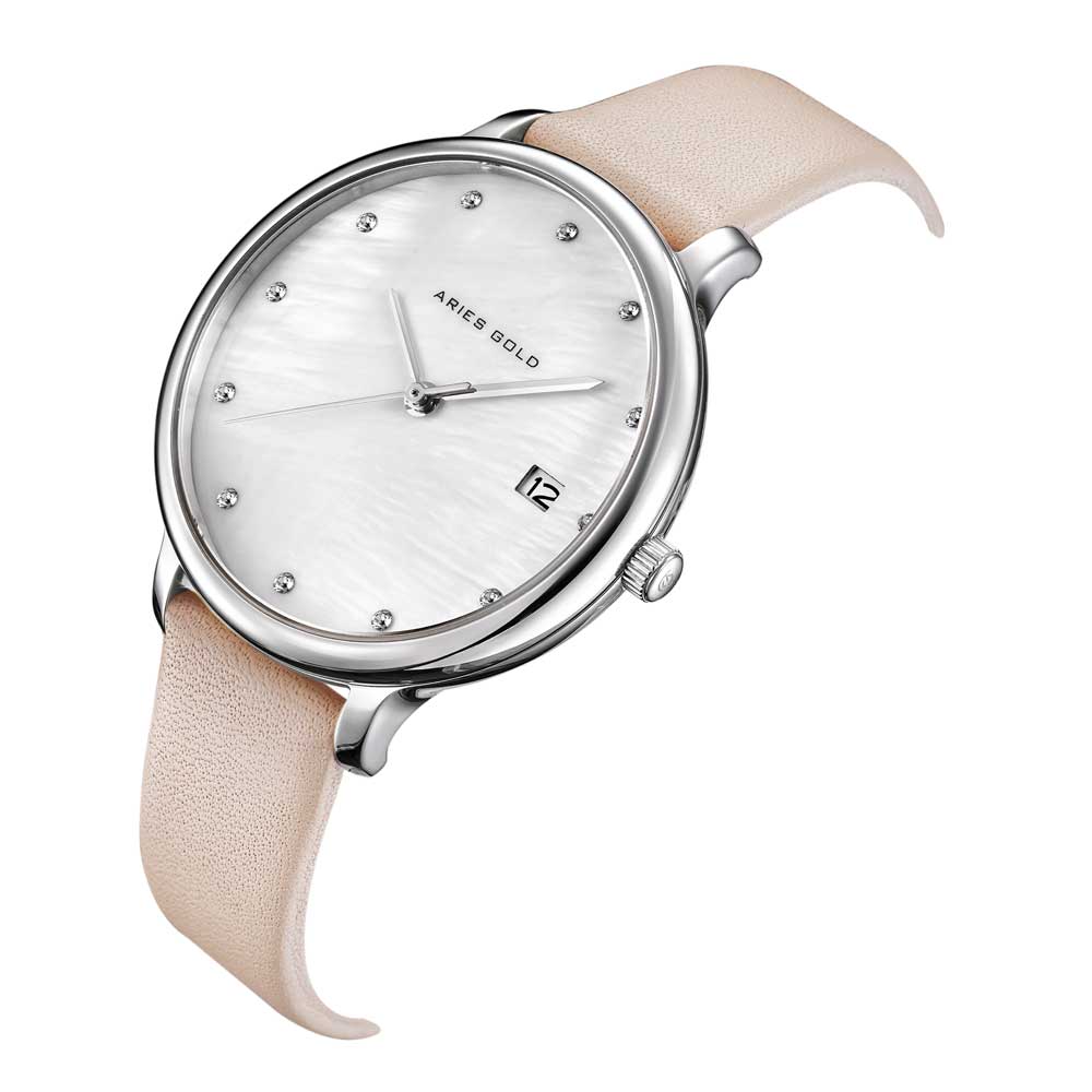 ARIES GOLD ENCHANT FLEUR SILVER STAINLESS STEEL L 5035 S-MP LEATHER STRAP WOMEN'S WATCH - H2 Hub Watches