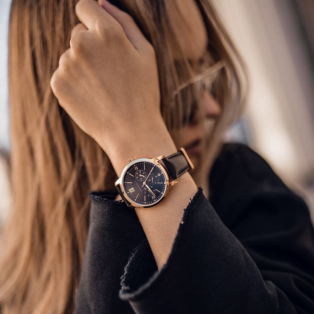 ARIES GOLD URBAN ETERNAL GOLD STAINLESS STEEL L 1028 G-BKG BLACK LEATHER STRAP WOMEN'S WATCH - H2 Hub Watches