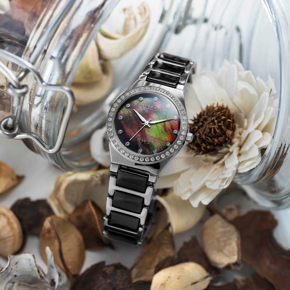 ARIES GOLD ENCHANT SILVER STAINLESS STEEL L 5014Z S-BKMOP BLACK CERAMIC WOMEN'S WATCH - H2 Hub Watches