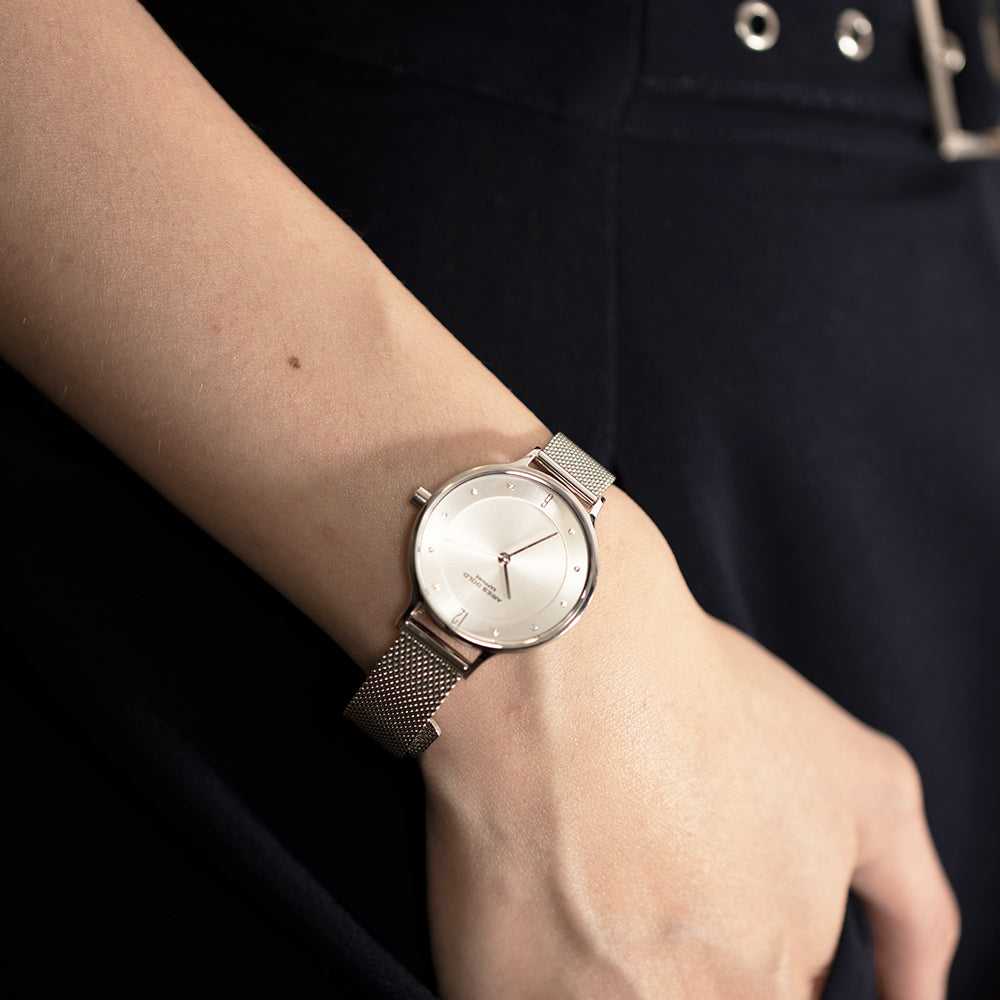 ARIES GOLD ENCHANT SILVER STAINLESS STEEL L 5033Z S-W MESH STRAP WOMEN'S WATCH - H2 Hub Watches