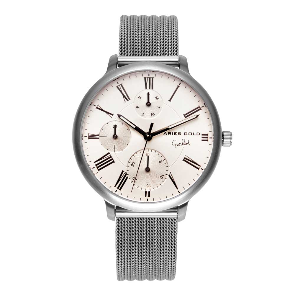 ARIES GOLD VOYAGE SILVER STAINLESS STEEL L 5034 S-S MESH STRAP WOMEN'S WATCH - H2 Hub Watches