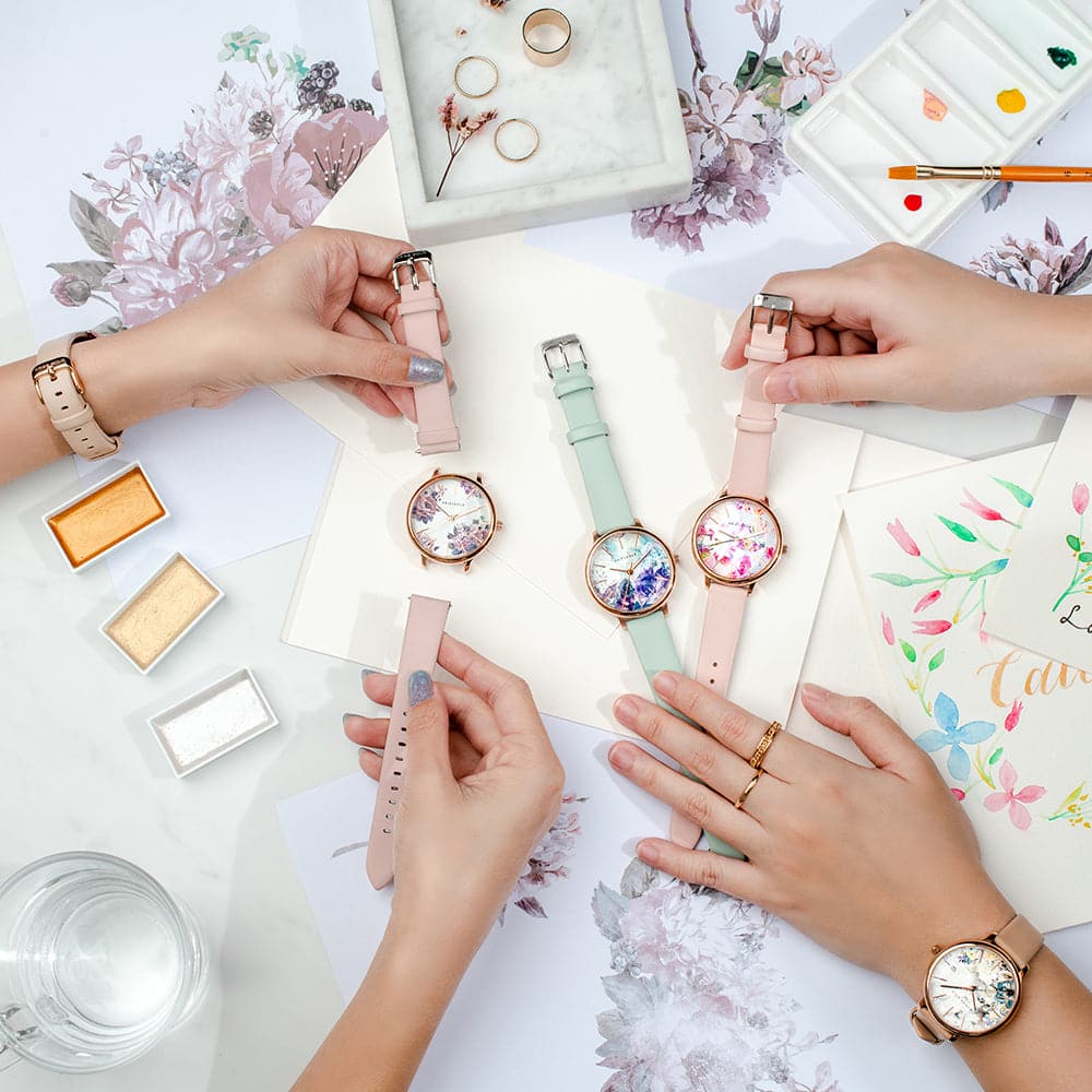 ARIES GOLD ENCHANT FLEUR ROSE GOLD STAINLESS STEEL L 5035A RG-PUFL PINK LEATHER STRAP WOMEN'S WATCH - H2 Hub Watches