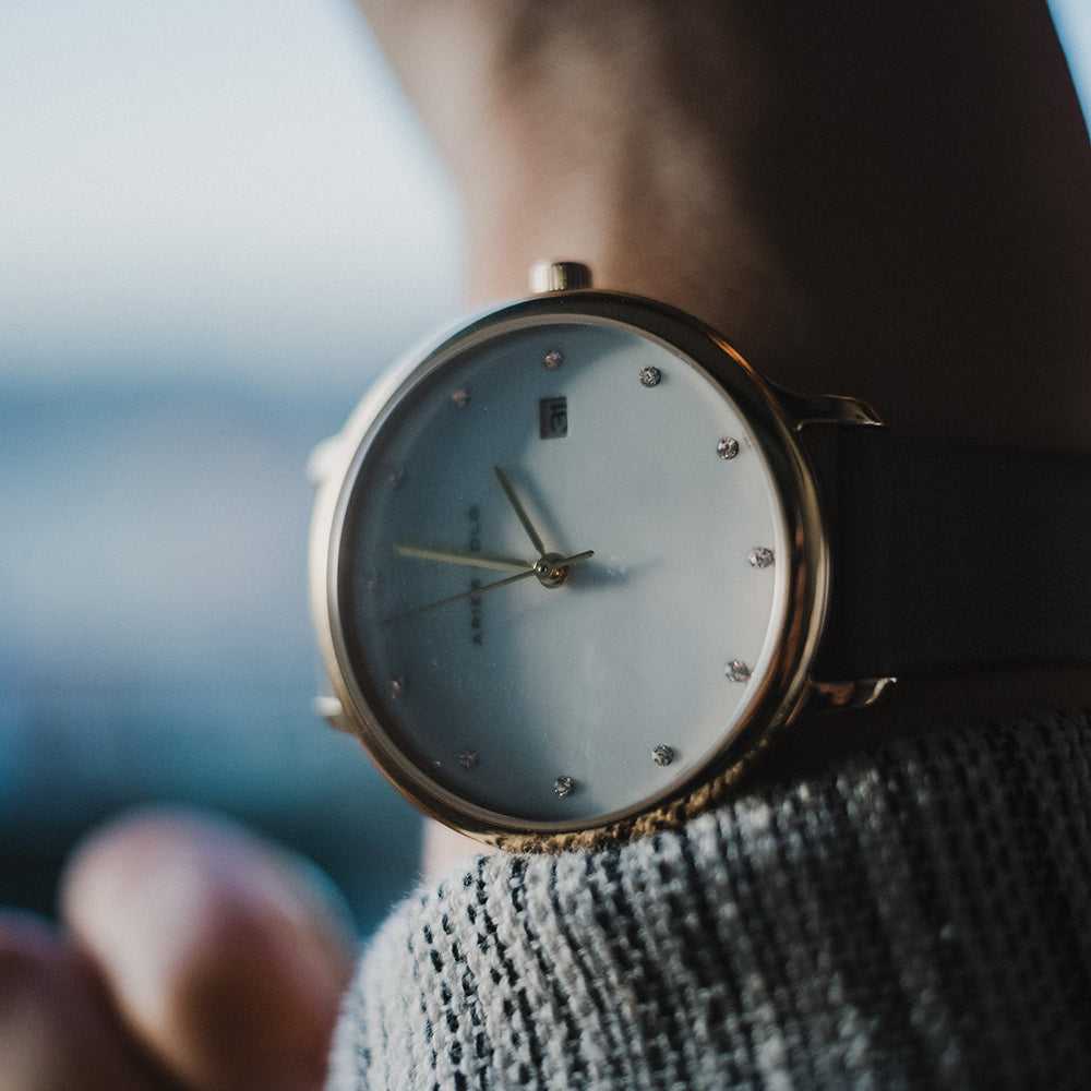ARIES GOLD ENCHANT FLEUR GOLD STAINLESS STEEL L 5035 G-MP LEATHER STRAP WOMEN'S WATCH - H2 Hub Watches