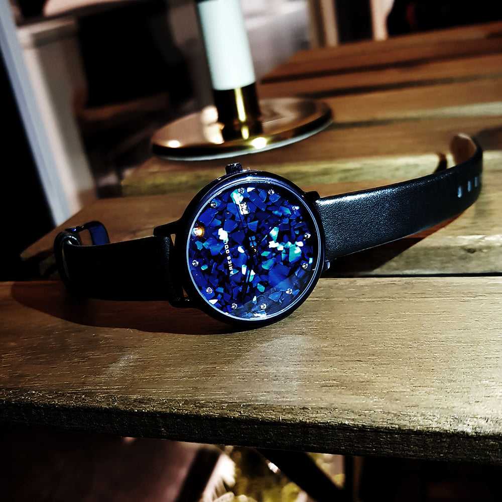 ARIES GOLD ENCHANT FLEUR BLUE L 5035 PUR-TL LEATHER STRAP WOMEN'S WATCH - H2 Hub Watches