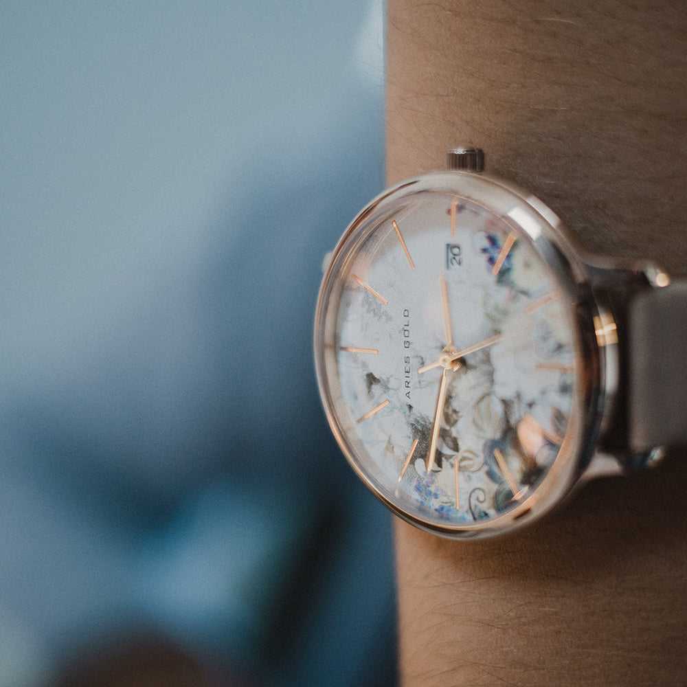 ARIES GOLD ENCHANT FLEUR ROSE GOLD STAINLESS STEEL L 5035 RG-GYFL LEATHER STRAP WOMEN'S WATCH - H2 Hub Watches