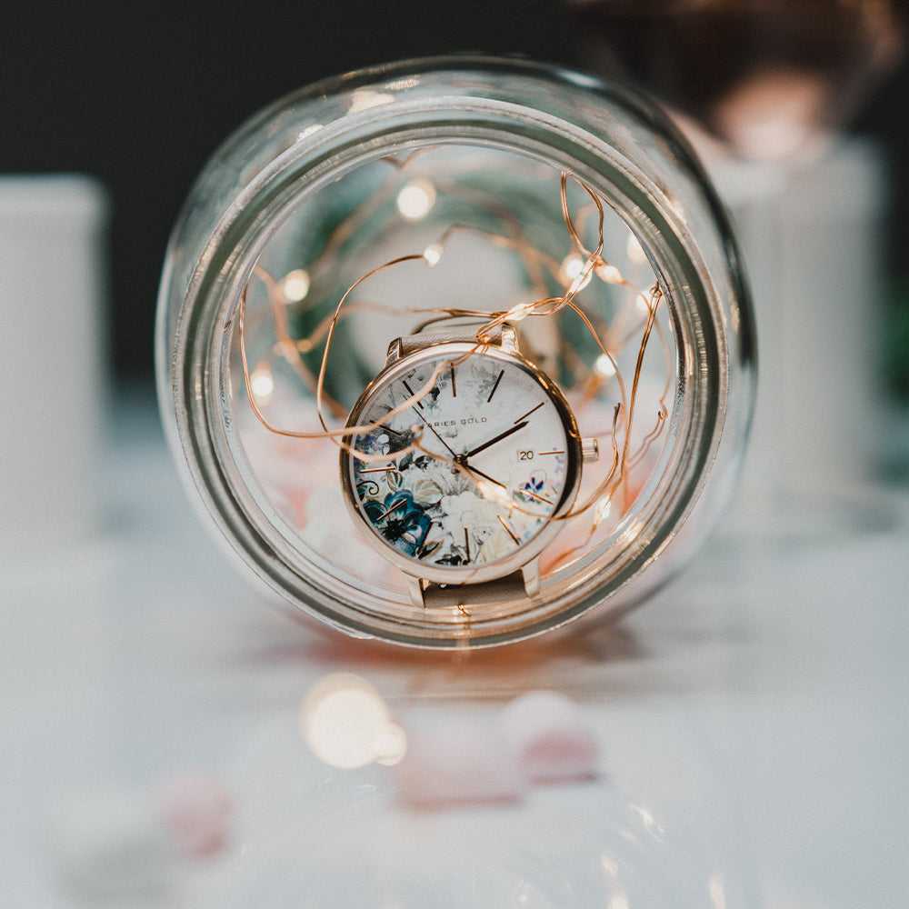 ARIES GOLD ENCHANT FLEUR ROSE GOLD STAINLESS STEEL L 5035 RG-GYFL LEATHER STRAP WOMEN'S WATCH - H2 Hub Watches