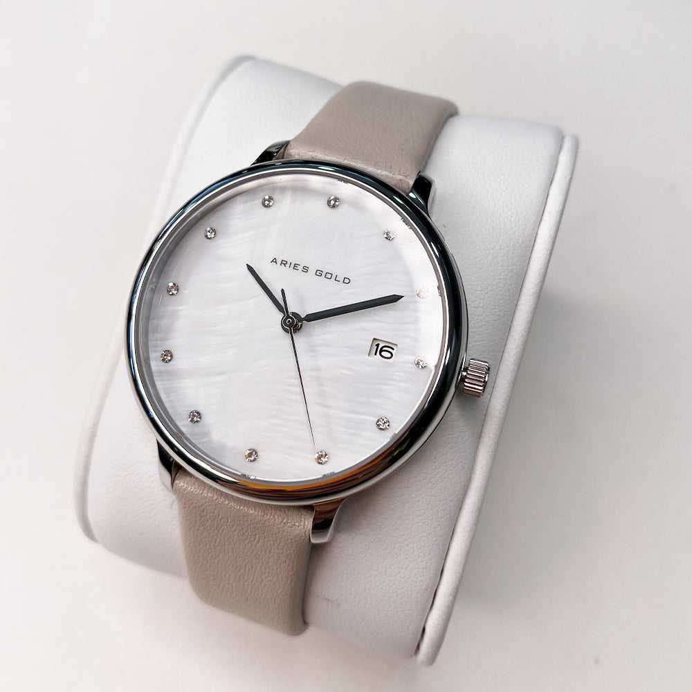 ARIES GOLD ENCHANT FLEUR SILVER STAINLESS STEEL L 5035 S-MP LEATHER STRAP WOMEN'S WATCH - H2 Hub Watches