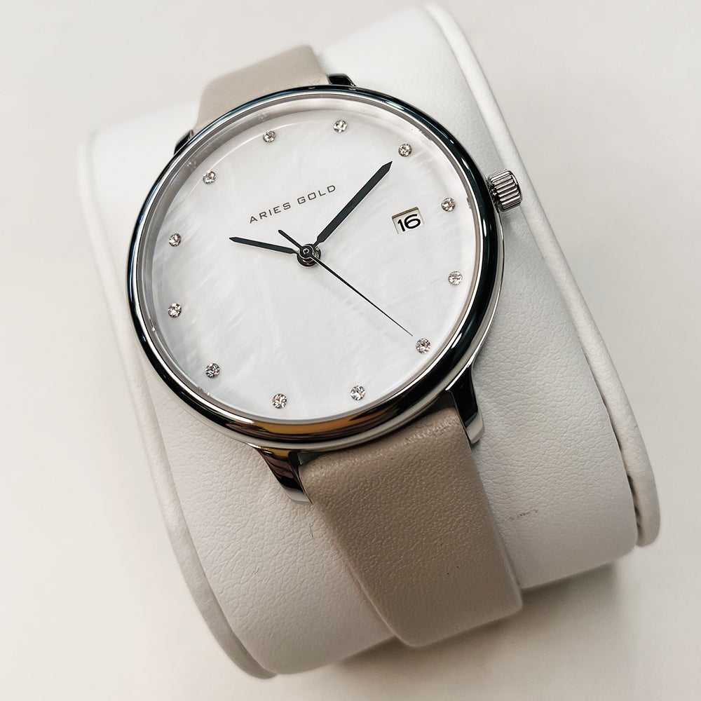 ARIES GOLD ENCHANT FLEUR SILVER STAINLESS STEEL L 5035 S-MP LEATHER STRAP WOMEN'S WATCH - H2 Hub Watches