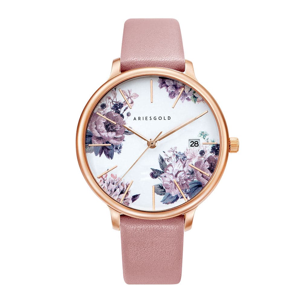 ARIES GOLD ENCHANT FLEUR ROSE GOLD STAINLESS STEEL L 5035A RG-PUFL PINK LEATHER STRAP WOMEN'S WATCH - H2 Hub Watches