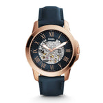 FOSSIL GRANT SKELETON AUTOMATIC ROSE GOLD STAINLESS STEEL ME3102 BLUE LEATHER STRAP MEN'S WATCH - H2 Hub Watches